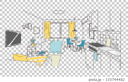 Stylish interior illustration of a one-room apartment for single living 133744482