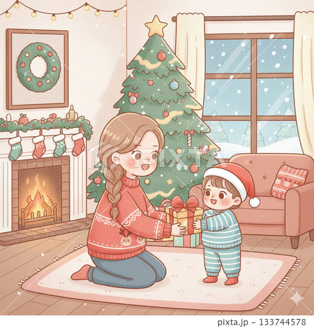 クリスマスの夜に暖炉の前でクリスマスツリーを飾るサンタクロースのサンタクロースを見る女の子 133744578