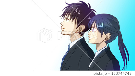 未来を見つめる学生または社会人の男女の横顔アニメ風イラスト、左に余白 133744745
