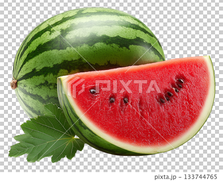 watermelon with half and leaf. watermelon with half and leaf. 133744765