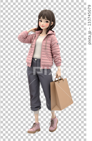 3D卡通人物女性開心的拿著購物袋，商店銷售、特賣行銷、百貨公司、購物節橫幅廣告海報宣傳單素材圖片 133745079