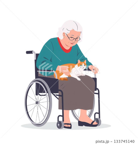 おばあさんが車椅子に座り、膝の上で丸くなる猫を優しくなでているシーン。背景は透明。 おばあさんが車椅子に座り、膝の上で丸くなる猫を優しくなでているシーン。背景は透明。 133745140