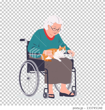 おばあさんが車椅子に座り、膝の上で丸くなる猫を優しくなでているシーン。背景は透明。 おばあさんが車椅子に座り、膝の上で丸くなる猫を優しくなでているシーン。背景は透明。 133745140