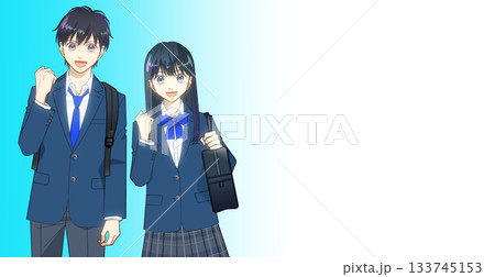 リュックとスクールバッグを持つ高校生または中学生の男女のアニメ風イラスト、グラデーション背景 133745153