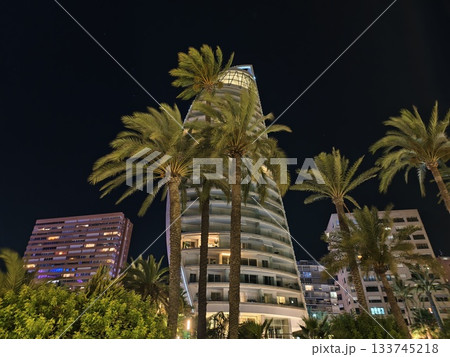 night hotel amidst greenery, nighttime hotel with glowing facade amidst verdant palms and greenery 133745218