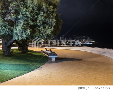 silent promenade at night featuring lone bench overlooking illuminated beach and city skyline silent promenade at night featuring lone bench overlooking illuminated beach and city skyline 133745295