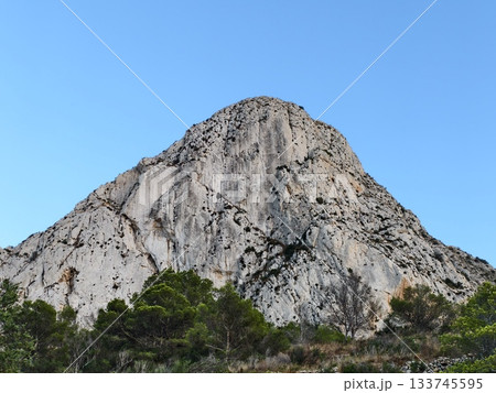 serene mountain with lush greenery, tranquil mountain summit surrounded by green pines and blue sky 133745595