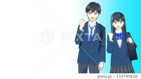 リュックとスクールバッグを持つ高校生または中学生の男女のアニメ風イラスト、グラデーション背景 リュックとスクールバッグを持つ高校生または中学生の男女のアニメ風イラスト、グラデーション背景 133745616