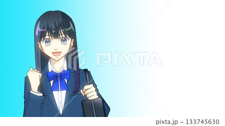 笑顔でスクールバッグを持つ高校生または中学生の女の子のアニメ風イラスト、グラデーション背景 133745630
