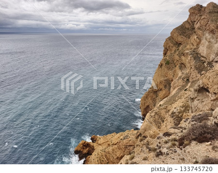 undisturbed coastal vantage point offering expansive views of turbulent sea and sparse vegetation undisturbed coastal vantage point offering expansive views of turbulent sea and sparse vegetation 133745720
