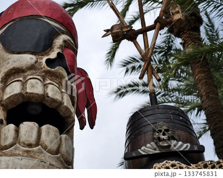 pirate skull with parrot and barrel, weathered pirate skull with parrot and nautical decorations 133745831
