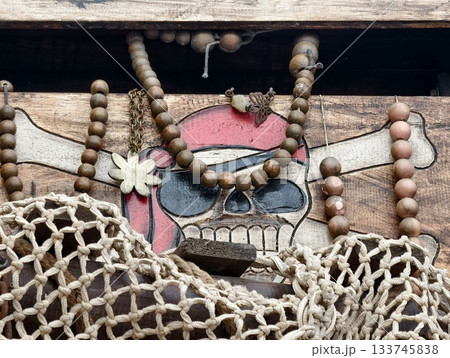 vintage coastal pendant, rustic skull art piece, handcrafted wooden skull with beads and floral vintage coastal pendant, rustic skull art piece, handcrafted wooden skull with beads and floral 133745838