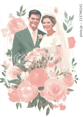Wedding couple surrounded by floral elements, ideal for romantic backgrounds 133746242