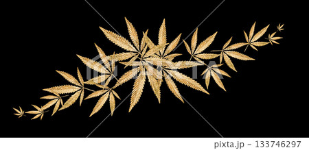 Abstract banner golden leaves cannabis marijuana fly on black background. Legalization medical hemp. Minimalist product mockups. Minimal branding creative trend, banner. High quality photo Abstract banner golden leaves cannabis marijuana fly on black background. Legalization medical hemp. Minimalist product mockups. Minimal branding creative trend, banner. High quality photo 133746297
