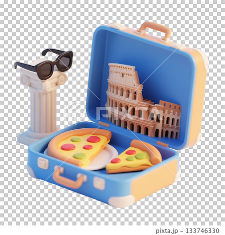 Rome 3D icon with suitcase containing Colosseum, pizza slices, Roman column, and sunglasses, isolated on white Rome 3D icon with suitcase containing Colosseum, pizza slices, Roman column, and sunglasses, isolated on white 133746330
