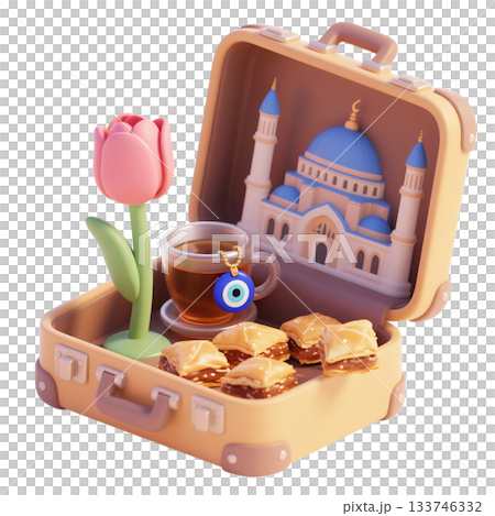 3D icon of Istanbul suitcase with tulip, mosque model, Turkish tea with evil eye charm, baklava, isolated on white 3D icon of Istanbul suitcase with tulip, mosque model, Turkish tea with evil eye charm, baklava, isolated on white 133746332
