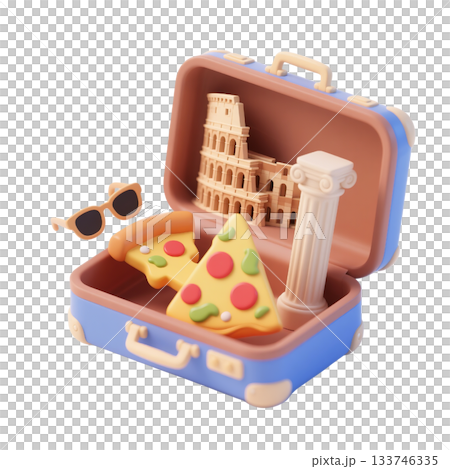 Rome 3D icon with suitcase containing Colosseum, pizza slices, Roman column, and sunglasses, isolated on white Rome 3D icon with suitcase containing Colosseum, pizza slices, Roman column, and sunglasses, isolated on white 133746335