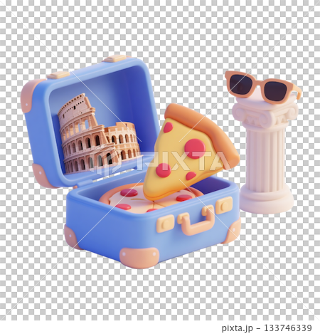 Rome 3D icon with suitcase featuring Colosseum, pizza slice, Roman column, and sunglasses, isolated on white background Rome 3D icon with suitcase featuring Colosseum, pizza slice, Roman column, and sunglasses, isolated on white background 133746339