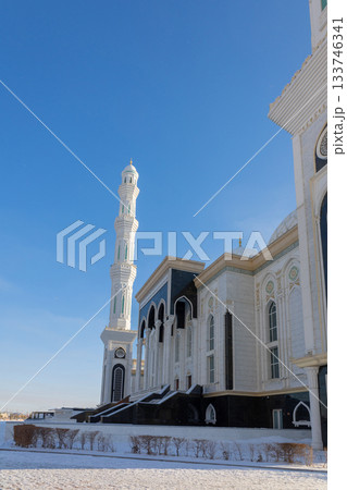 Panoramic view of snow-white modern Hazaret Sultan mosque sunny morning, Nur-Sultan, Astana, Kazakhstan. . High quality photo 133746341