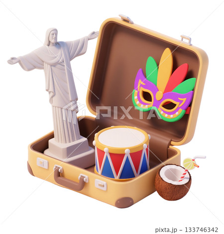 3D icon of Rio de Janeiro suitcase with Rio's Christ the Redeemer, carnival mask, drum, coconut drink, isolated on white 133746342