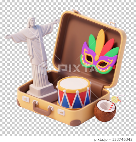 3D icon of Rio de Janeiro suitcase with Rio's Christ the Redeemer, carnival mask, drum, coconut drink, isolated on white 133746342
