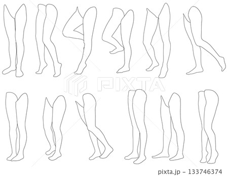 女性レッグモデル輪郭イラスト集2-19前1。下半身の様々なポーズの輪郭イラストのセット。 133746374