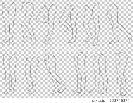 女性レッグモデル輪郭イラスト集2-19前1。下半身の様々なポーズの輪郭イラストのセット。 133746374