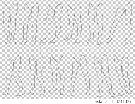 女性レッグモデル輪郭イラスト集2-18前左2。下半身の様々なポーズの輪郭イラストのセット。 133746375