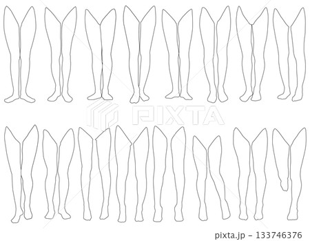 女性レッグモデル輪郭イラスト集2-17前。下半身の様々なポーズの輪郭イラストのセット。 133746376