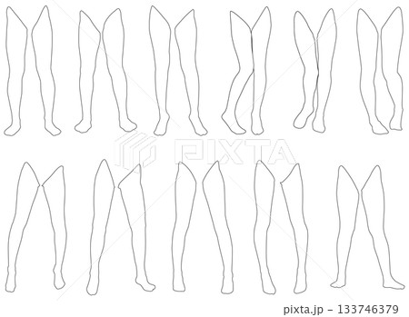 女性レッグモデル輪郭イラスト集2-16前開2。下半身の様々なポーズの輪郭イラストのセット。 女性レッグモデル輪郭イラスト集2-16前開2。下半身の様々なポーズの輪郭イラストのセット。 133746379