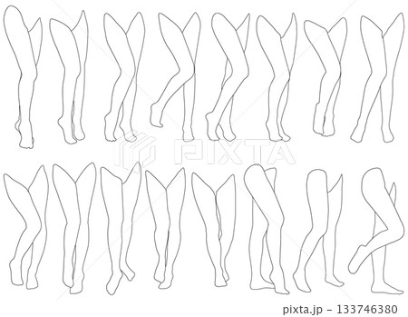 女性レッグモデル輪郭イラスト集2-14膝右前1。下半身の様々なポーズの輪郭イラストのセット。 女性レッグモデル輪郭イラスト集2-14膝右前1。下半身の様々なポーズの輪郭イラストのセット。 133746380