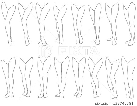 女性レッグモデル輪郭イラスト集2-12膝左前1。下半身の様々なポーズの輪郭イラストのセット。 女性レッグモデル輪郭イラスト集2-12膝左前1。下半身の様々なポーズの輪郭イラストのセット。 133746381