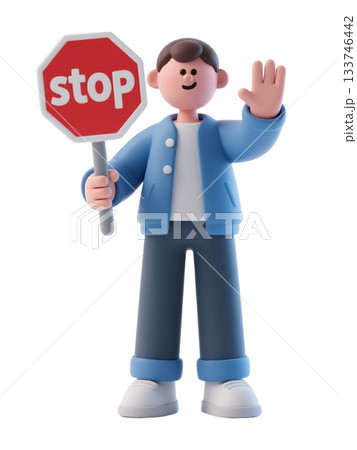 3D cartoon character in blue jacket holding stop sign and raising hand, isolated on white background 133746442