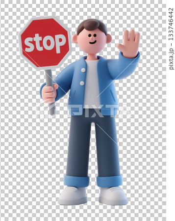 3D cartoon character in blue jacket holding stop sign and raising hand, isolated on white background 133746442