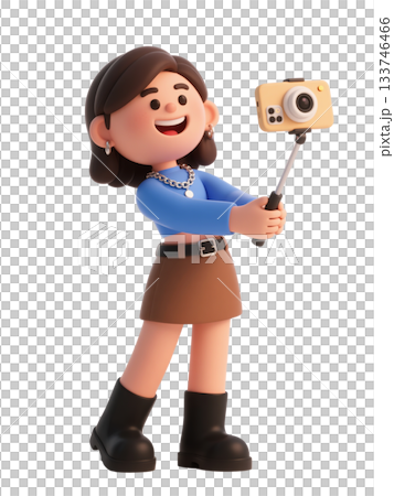 3D cartoon stylish girl taking selfie with camera on stick, influencer content creation, isolated on white background 133746466