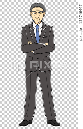 A middle-aged man in a suit with his arms crossed and grinning 133746467