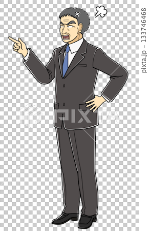 一位身穿西裝的憤怒中年男子指著前方。 133746468