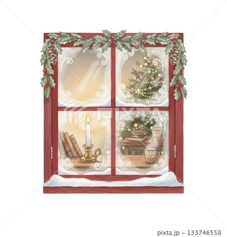 手描き風のクリスマス窓とキャンドルとツリーの温もりイラスト 手描き風のクリスマス窓とキャンドルとツリーの温もりイラスト 133746558