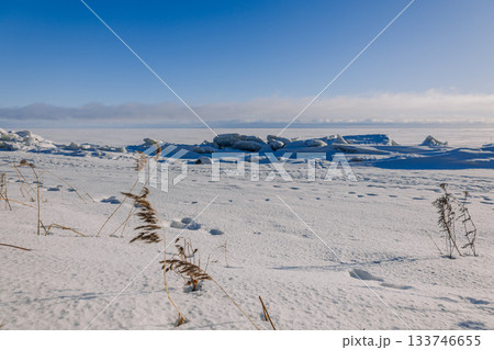 Beautiful winter landscape. Field of white snow and ice on horizon. Light and airy feel and light color palette. High quality photo Beautiful winter landscape. Field of white snow and ice on horizon. Light and airy feel and light color palette. High quality photo 133746655