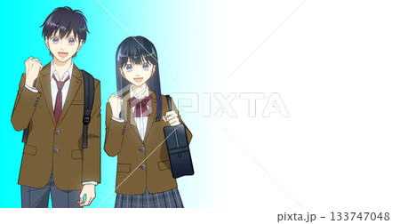 笑顔でリュックを背負う高校生または中学生の男の子のアニメ風イラスト、グラデーション背景 133747048