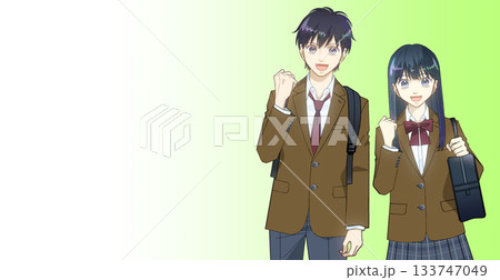 リュックとスクールバッグを持つ高校生または中学生の男女のアニメ風イラスト、グラデーション背景 133747049
