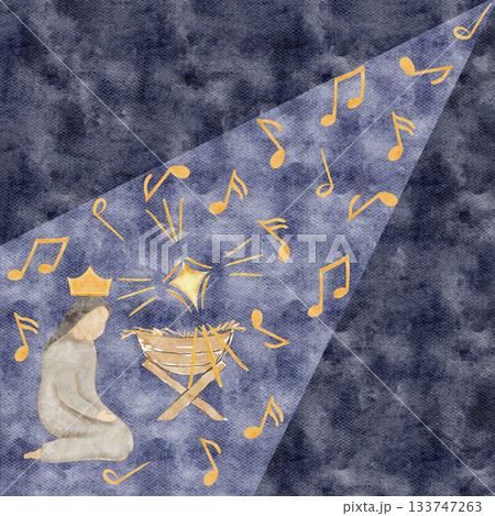 Christmas scene with soft divine light, gold accents and a graceful kneeling figure. Refined watercolor perfect for luxury cards, elegant winter stationery, faith collections, premium holiday designs Christmas scene with soft divine light, gold accents and a graceful kneeling figure. Refined watercolor perfect for luxury cards, elegant winter stationery, faith collections, premium holiday designs 133747263