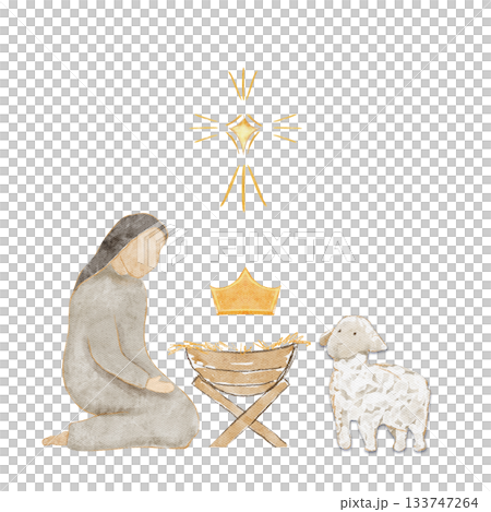 Kneeling Mary beside a manger, crown, lamb and glowing golden star. Hand-painted watercolor nativity illustration isolated on white, scene ideal for Christmas cards, devotionals, and holiday designs Kneeling Mary beside a manger, crown, lamb and glowing golden star. Hand-painted watercolor nativity illustration isolated on white, scene ideal for Christmas cards, devotionals, and holiday designs 133747264