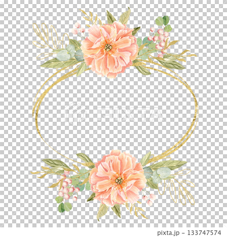 Elegant peach peonies, delicate greenery, subtle gold accents watercolor floral frame isolated on white. Hand-painted perfect for wedding invitations, branding, packaging, fabric design, cards. Square Elegant peach peonies, delicate greenery, subtle gold accents watercolor floral frame isolated on white. Hand-painted perfect for wedding invitations, branding, packaging, fabric design, cards. Square 133747574