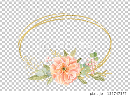 Peony flowers, peach tones, green leaves, berries watercolor frame isolated on white. Hand-painted golden detail, perfect for wedding invitations, branding, packaging, fabric design, cards. Horizontal 133747575