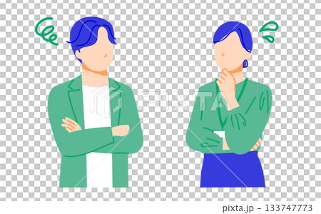 一幅描繪兩位表情憂慮的商務人士（一男一女）的插畫。扁平化設計。 133747773