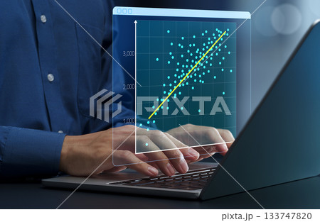 回帰分析。線形回帰チャート。過去のビジネスデータを用いたトレンド予測。データドリブンな意思決定を行う 133747820