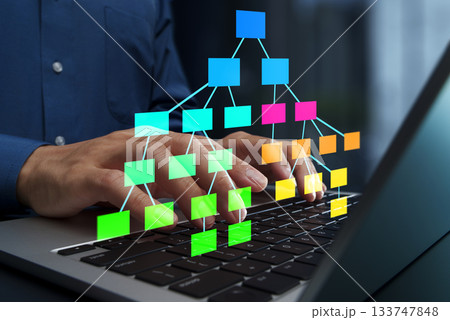 データ構造とツリーダイアグラム。ソフトウェア開発のためにノートパソコンを使用するプログラマー。 133747848