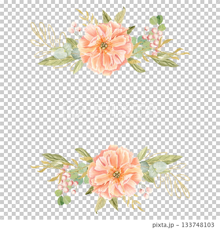 Elegant peach peonies, delicate greenery, subtle gold accents watercolor floral frame isolated on white. Hand-painted perfect for wedding invitations, branding, packaging, fabric design, cards. Square Elegant peach peonies, delicate greenery, subtle gold accents watercolor floral frame isolated on white. Hand-painted perfect for wedding invitations, branding, packaging, fabric design, cards. Square 133748103