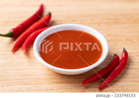Sriracha sauce in a bowl on wooden background, Chili sauce Sriracha sauce in a bowl on wooden background, Chili sauce 133748153